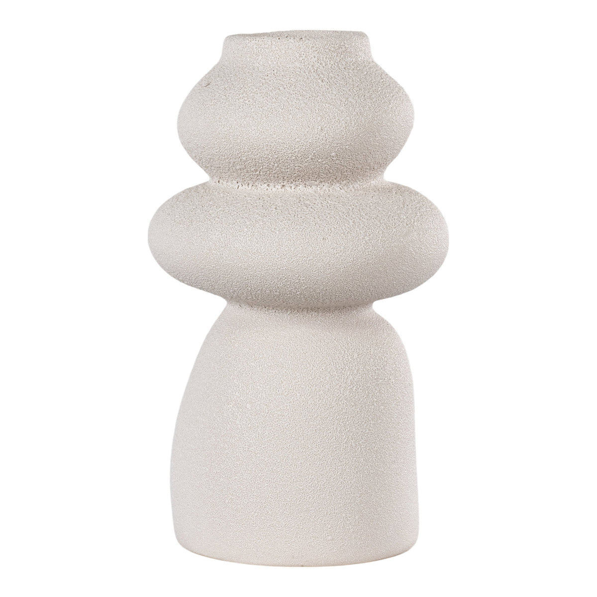 Vase totem en grès beige aux volumes arrondis empilés vu de face sur fond blanc