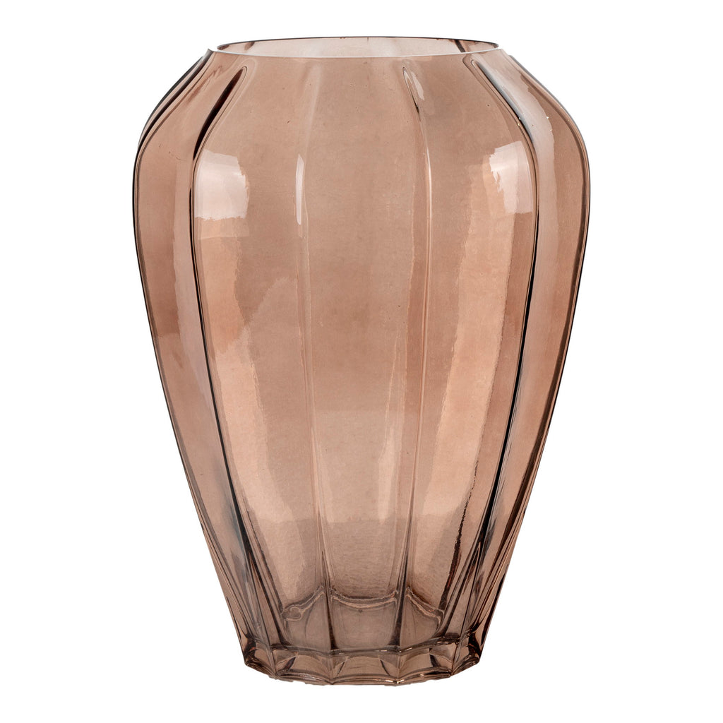 Vase en verre brun fumé côtelé silhouette ovoïde Ø22x29 cm vue de face fond blanc