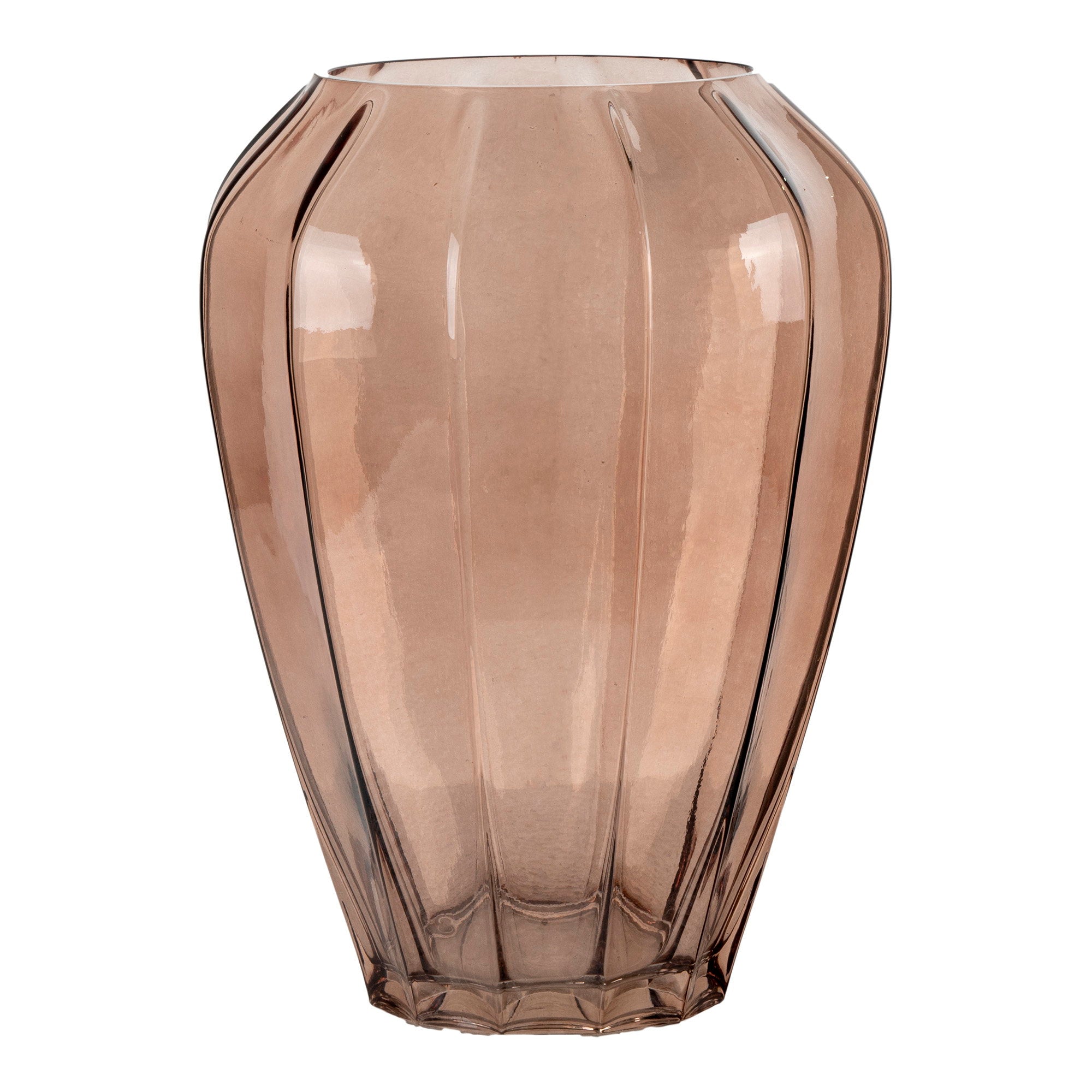 Vase en verre brun fumé côtelé silhouette ovoïde Ø22x29 cm vue de face fond blanc