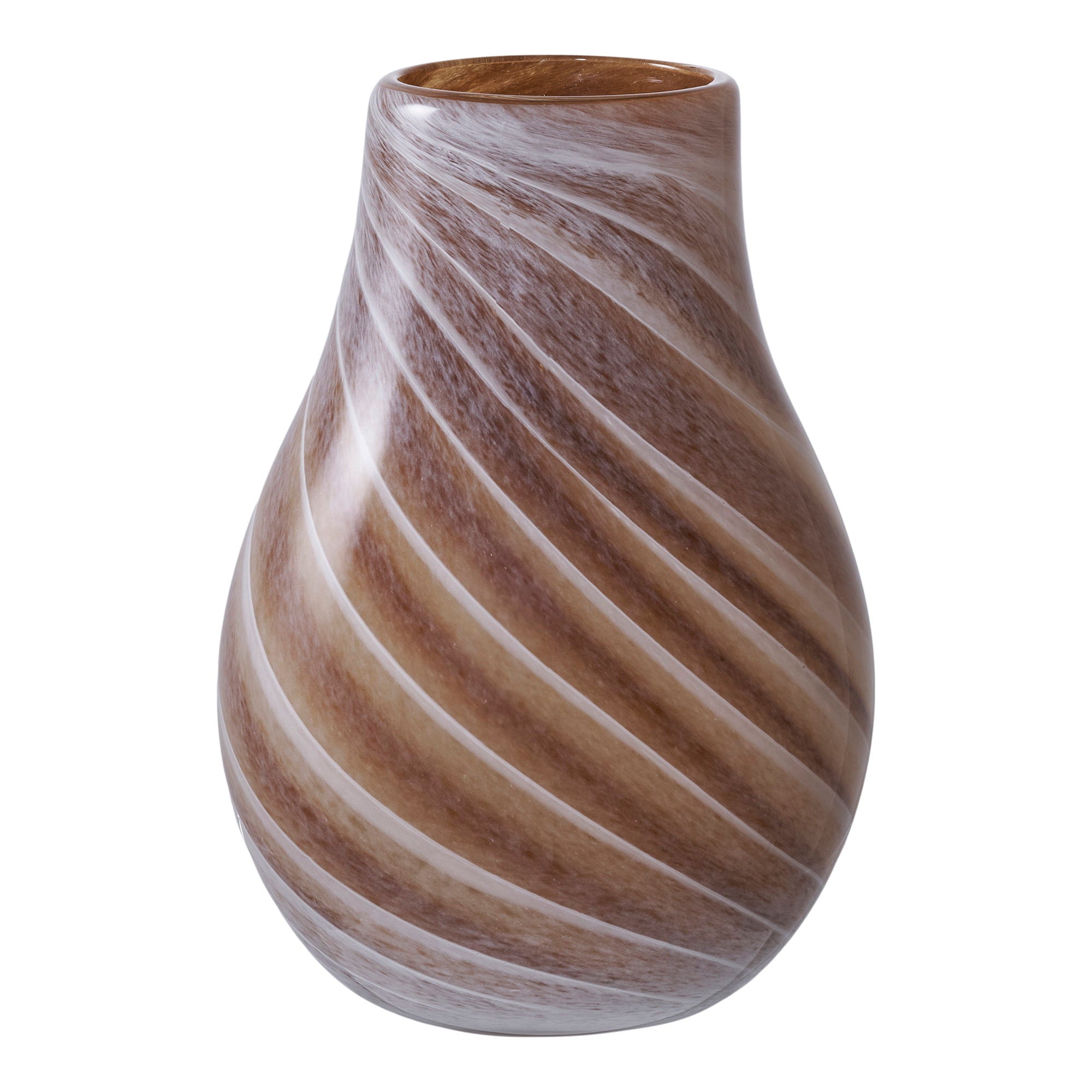 Vase verre brun taupe spirales blanc laiteux Ø16xH23 cm forme poire fond blanc
