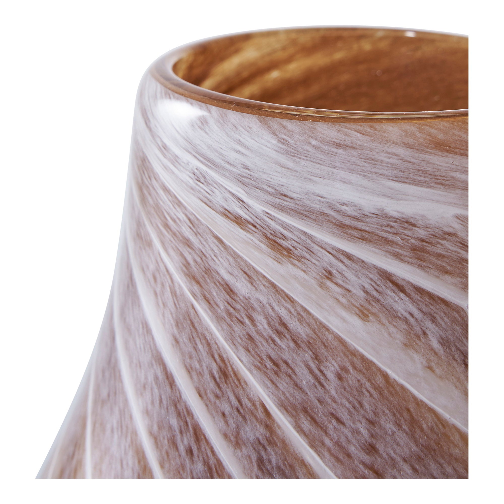 Détail col resserré et spirales diagonales blanc vase verre brun fumé intérieur ambré