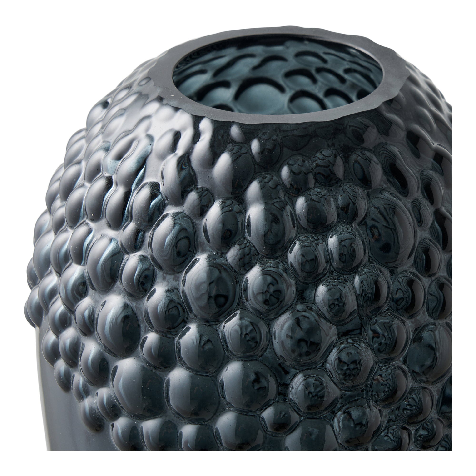 Vase verre gris ardoise détail relief bulles sphériques texture tactile vue rapprochée
