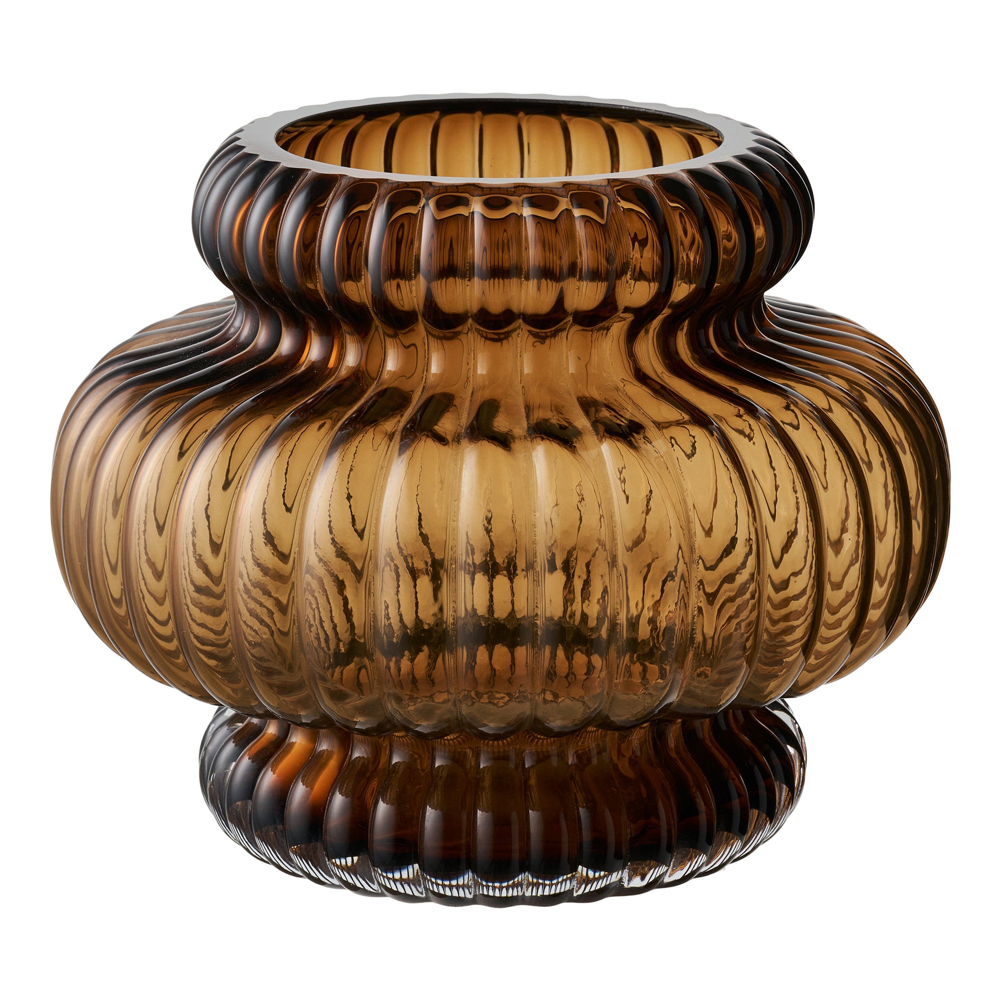 Vase verre soufflé bouche ambré strié Ø20x16 cm vue de face fond blanc
