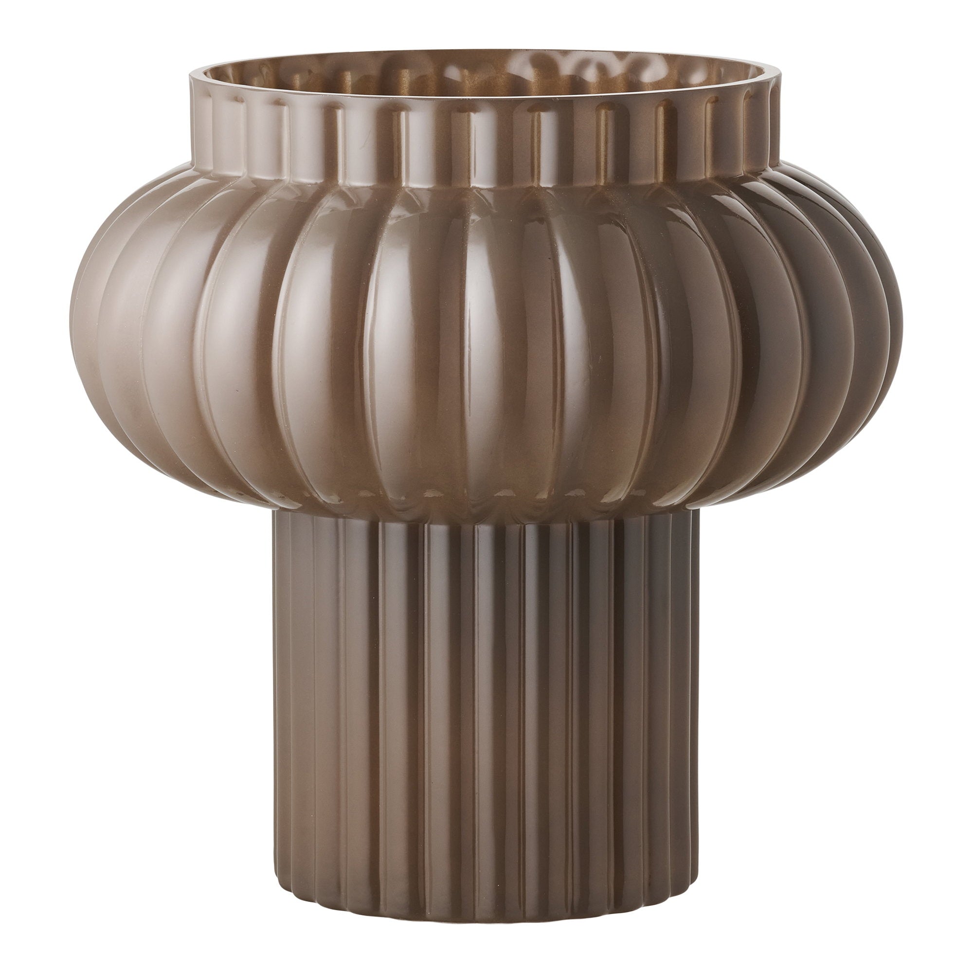 Vase verre soufflé bouche brun cannelé forme lanterne ø27 cm vue de face