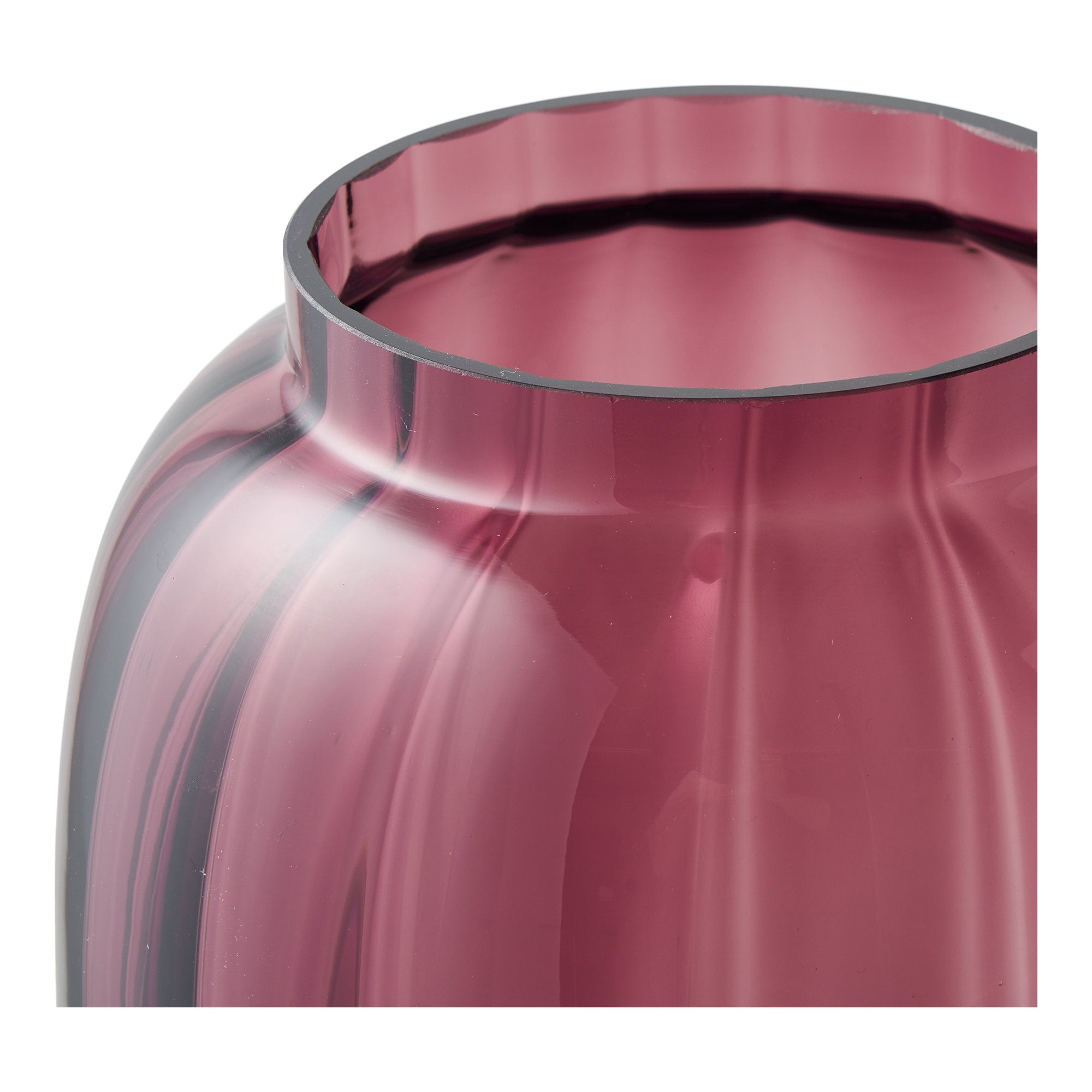 Vase verre soufflé rouge châtaigne détail col resserré bord festonné reflets rubis