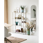 Vase verre soufflé vert pétrole col froissé sur étagère métal beige salon miroir ovale