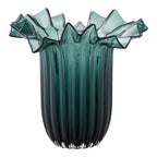 Vase verre soufflé bouche vert pétrole col froissé volants irréguliers Ø25 H30 cm face
