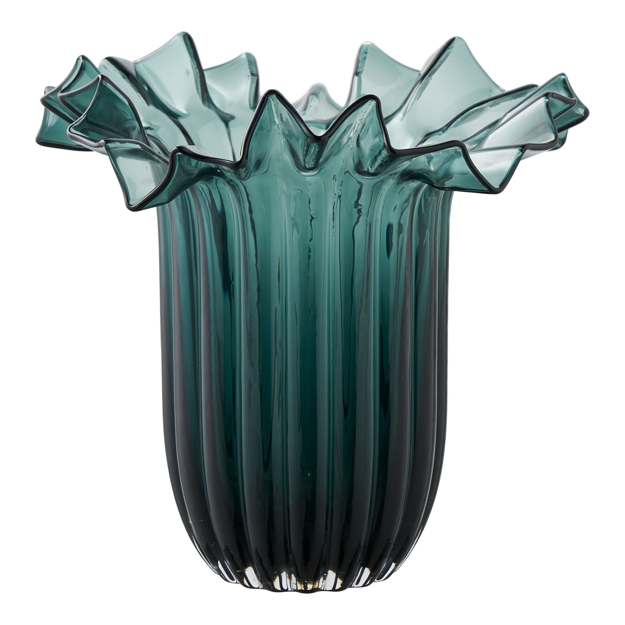 Vase verre soufflé bouche vert pétrole col froissé volants irréguliers Ø25 H30 cm face