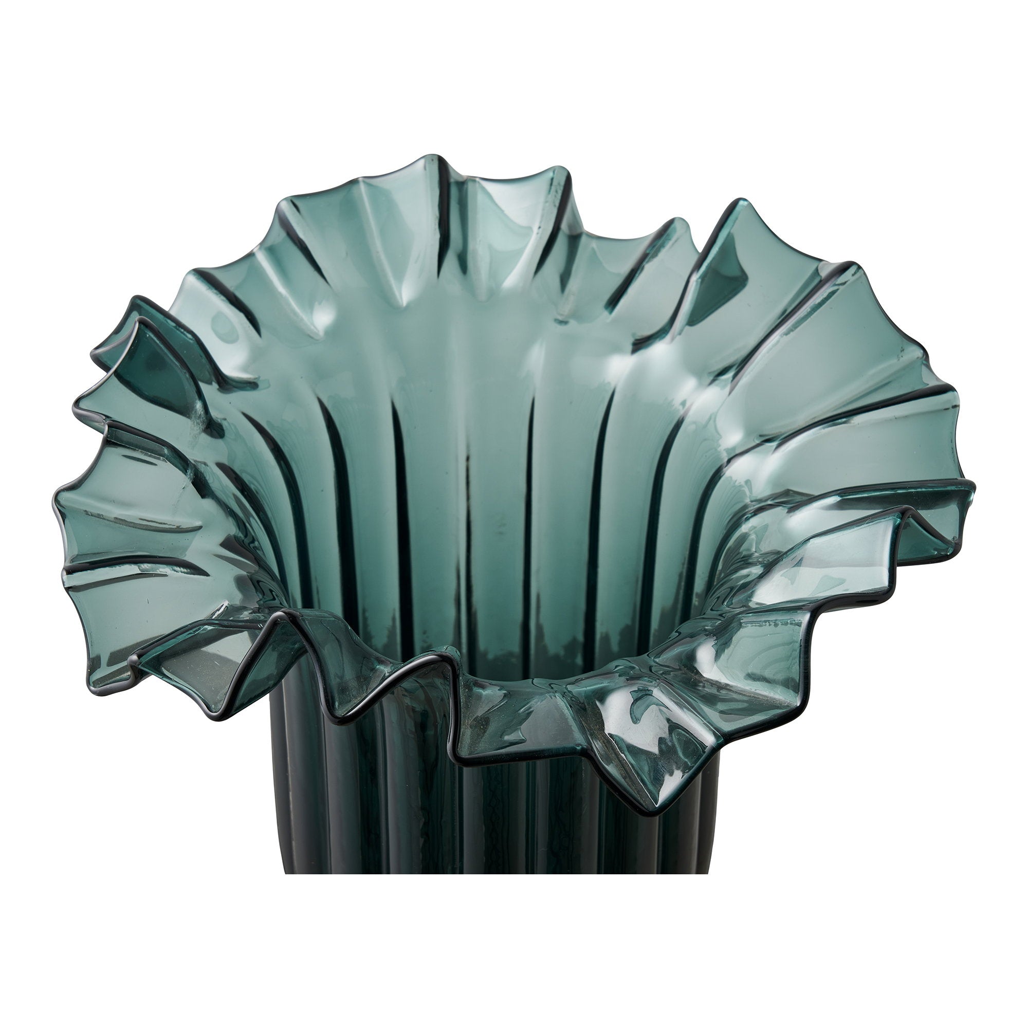 Vase verre soufflé vert pétrole détail col évasé volants froissés vue dessus artisanal