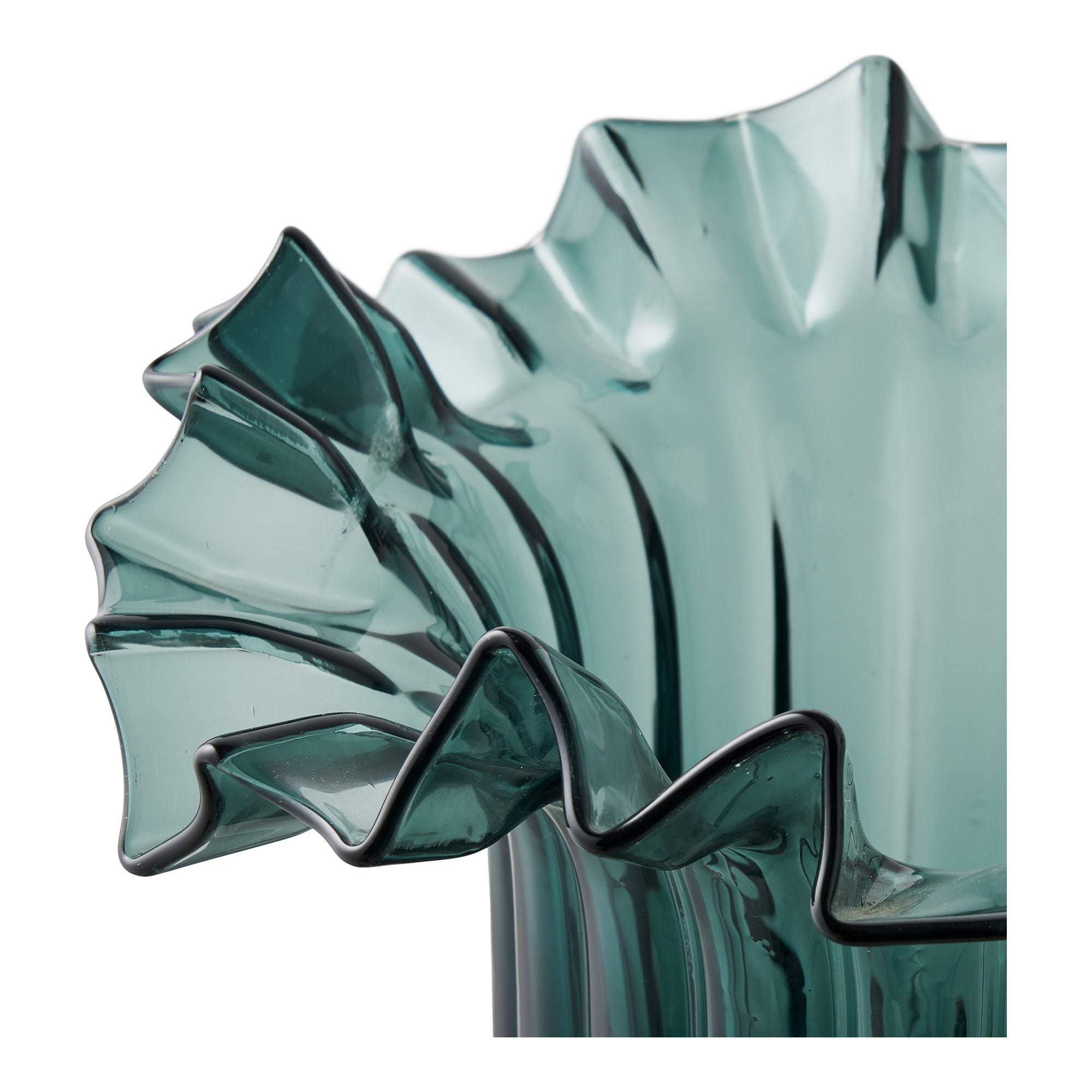 Vase verre soufflé vert pétrole détail plis latéraux volants froissés reflets émeraude