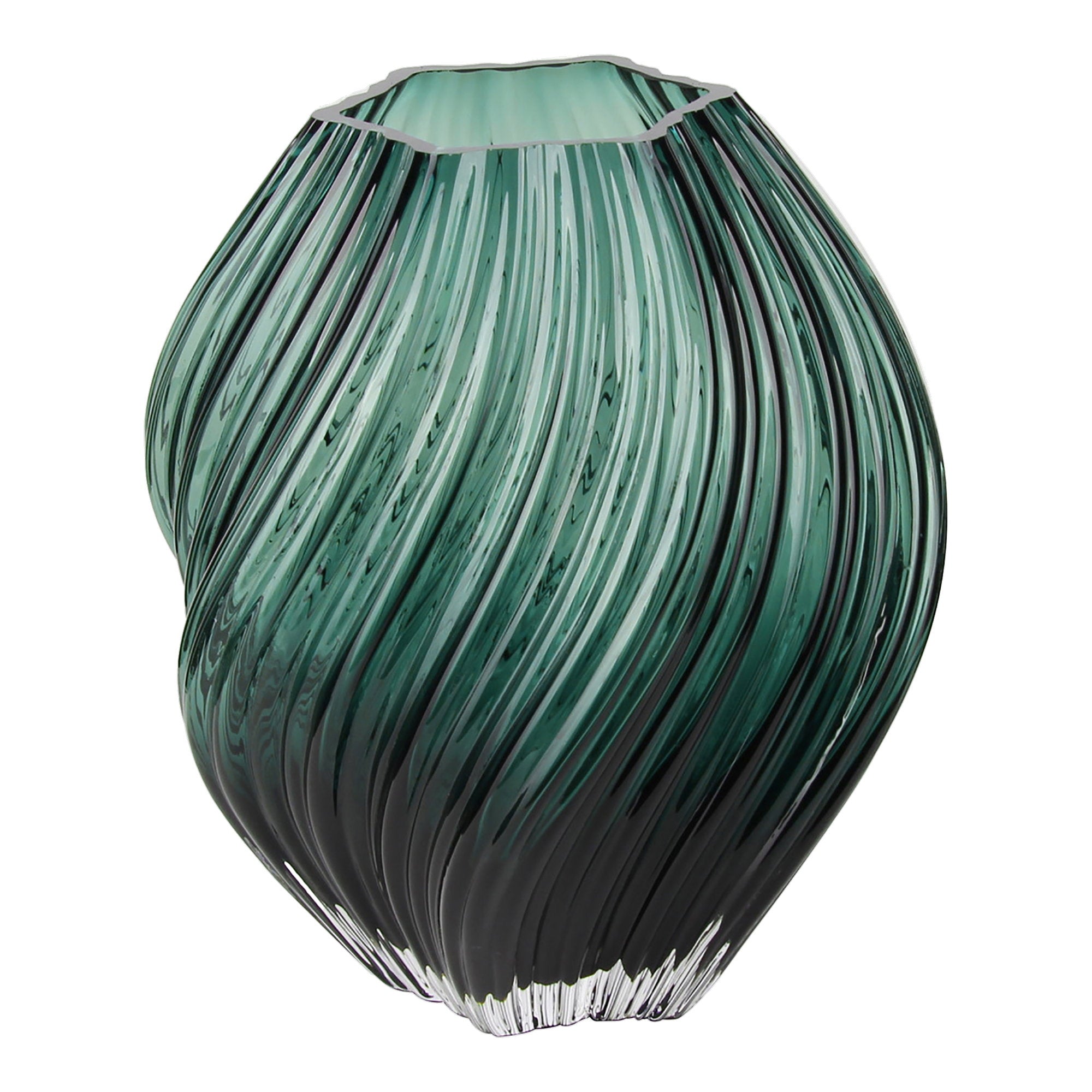 Vase verre soufflé bouche vert sapin côtes torsadées spirale Ø19 H23 cm vue de face