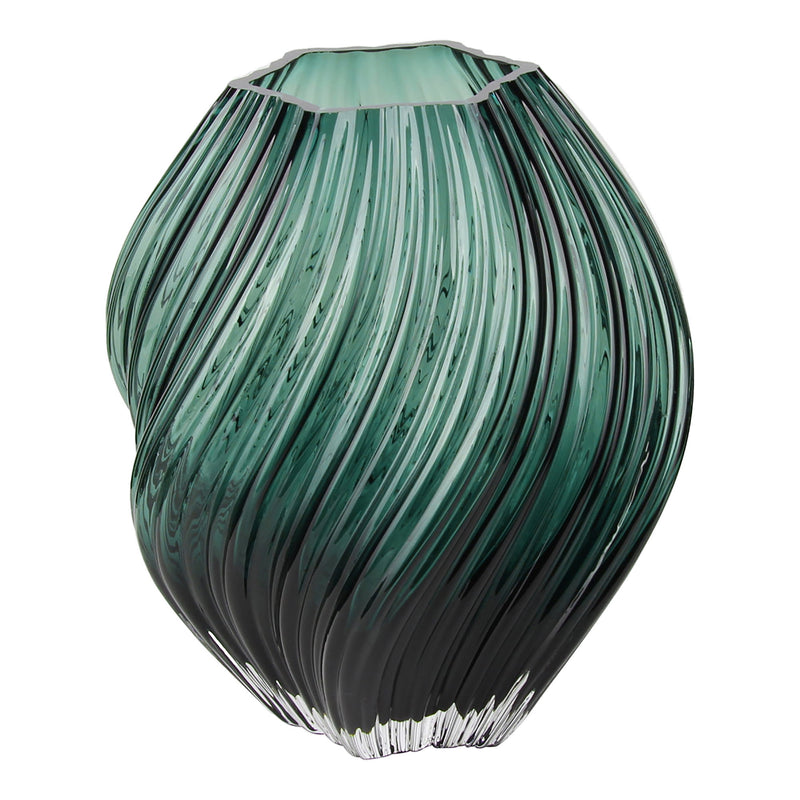 Dimensions Mouth Blown Glass Vase – Fir Green Twisted Ribs – Ø 19 × H 23 cm