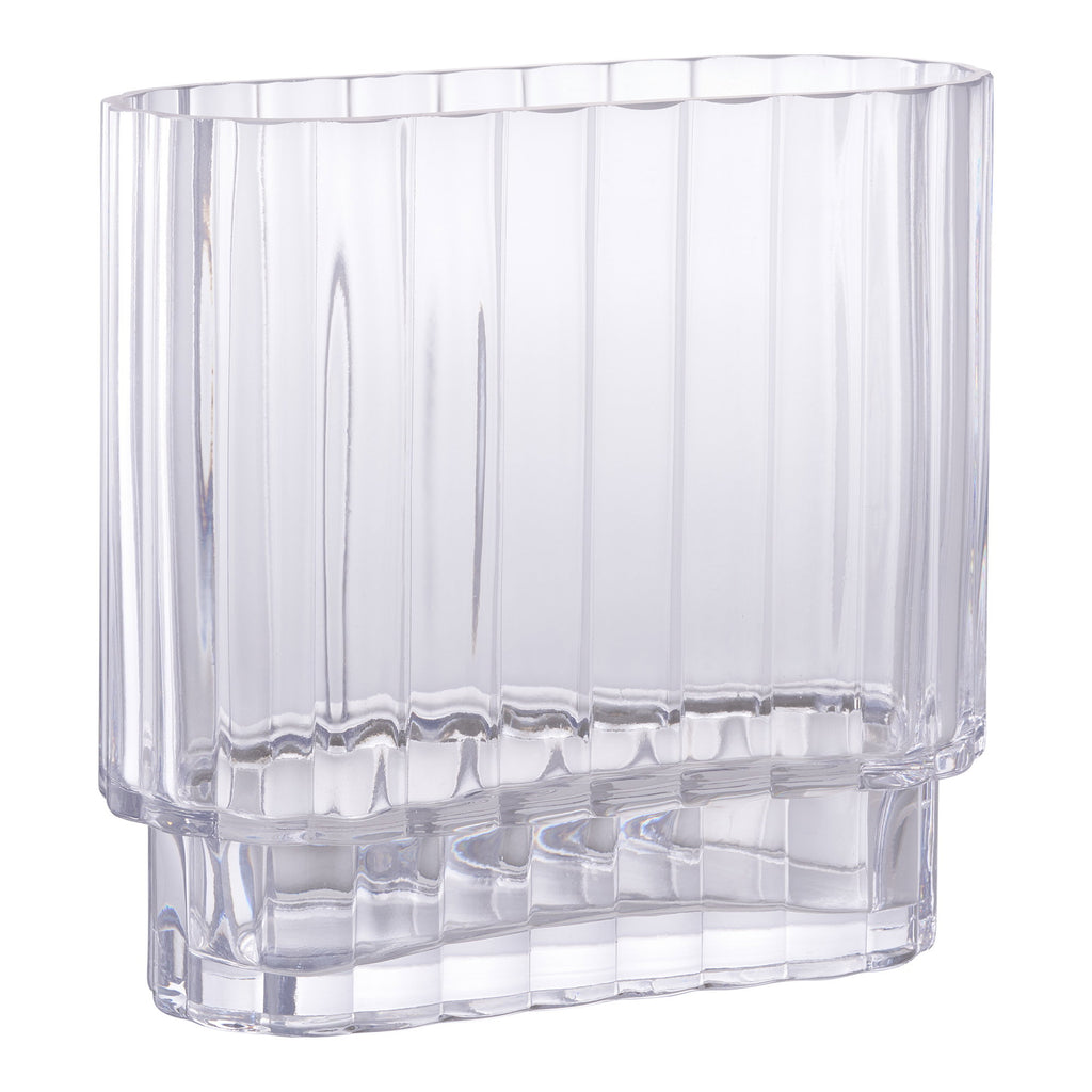 Vase verre transparent cannelures verticales forme rectangulaire vue trois quarts
