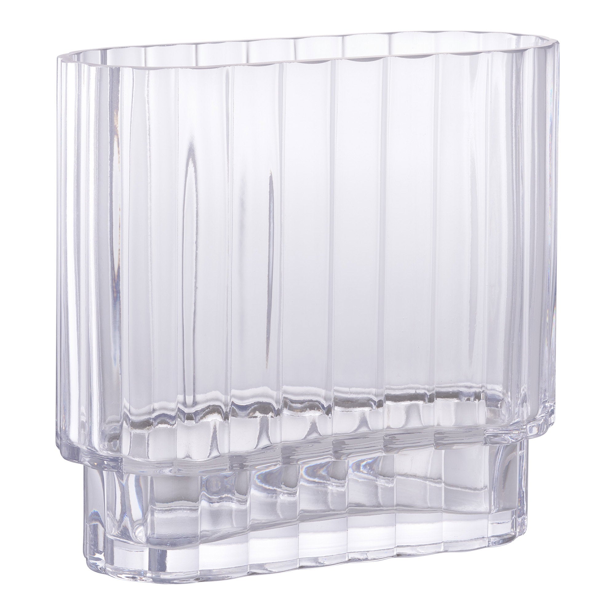 Vase verre transparent cannelures verticales forme rectangulaire vue trois quarts