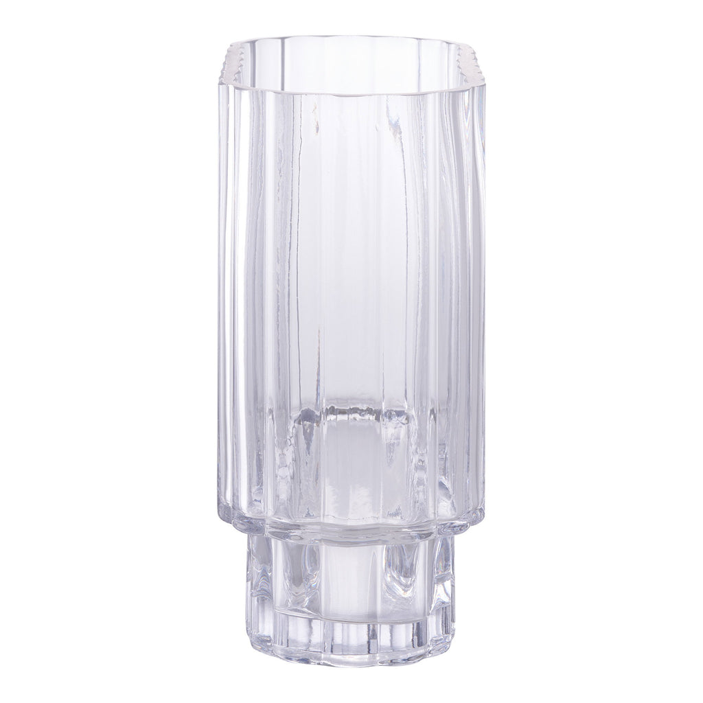 Vase verre transparent strié version haute silhouette élancée fond blanc