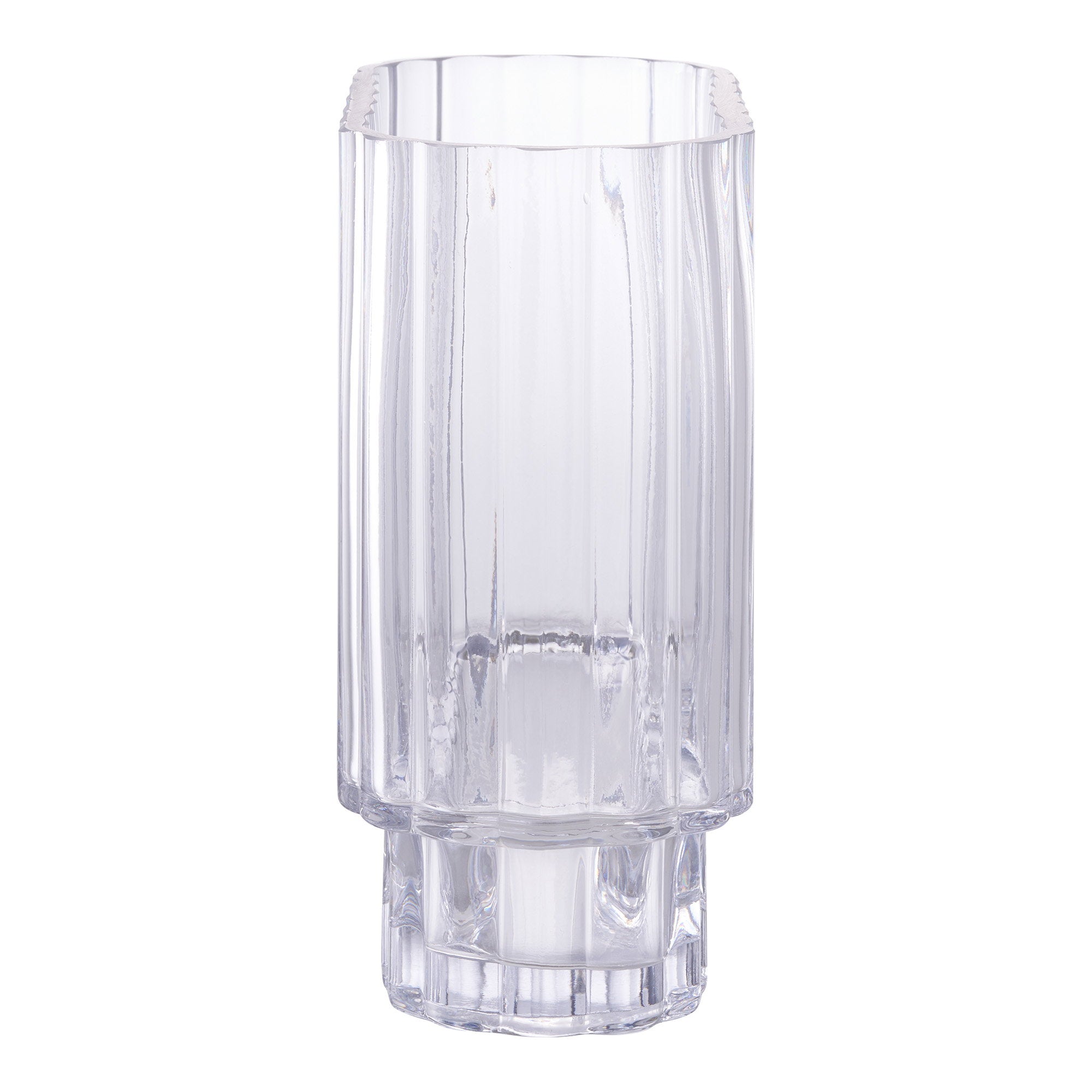 Vase verre transparent strié version haute silhouette élancée fond blanc
