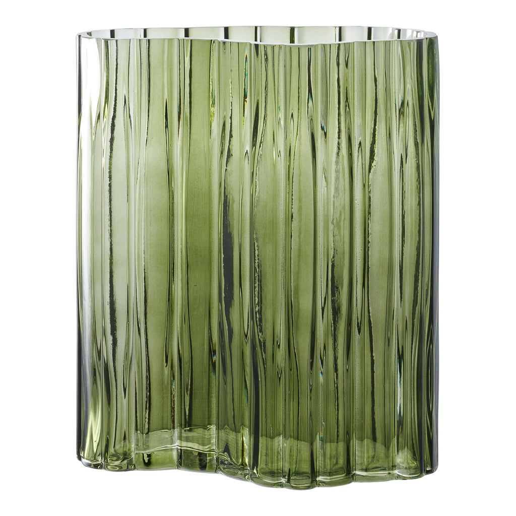 Vase verre vert fumé strié forme nuage bords ondulés 21x12x26,5 cm fond blanc