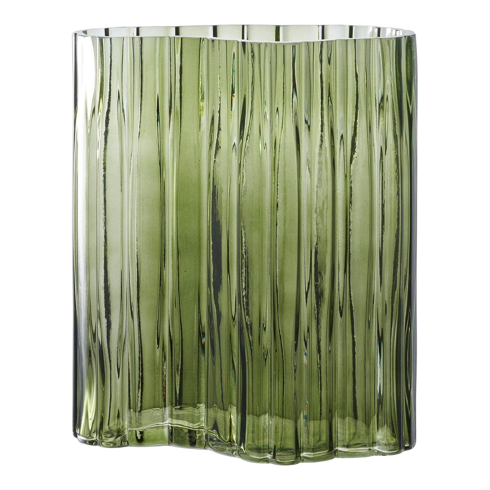 Vase verre vert fumé strié forme nuage bords ondulés 21x12x26,5 cm fond blanc