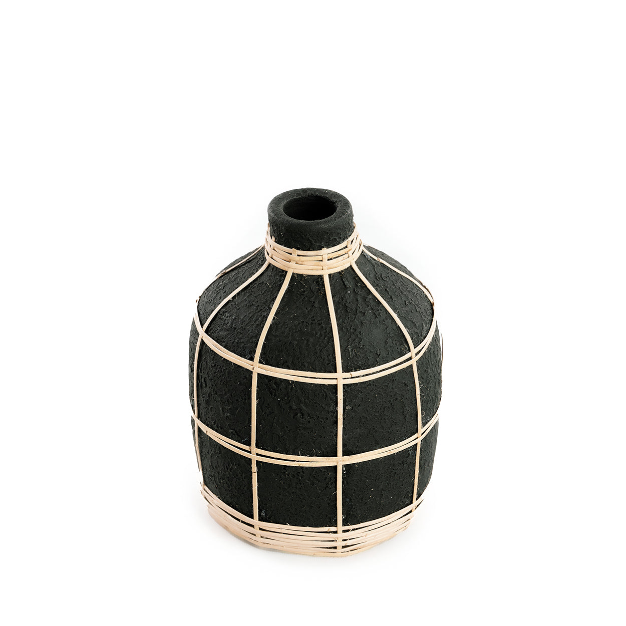 Vase Whoopy en terre cuite noire et rotin 19 cm