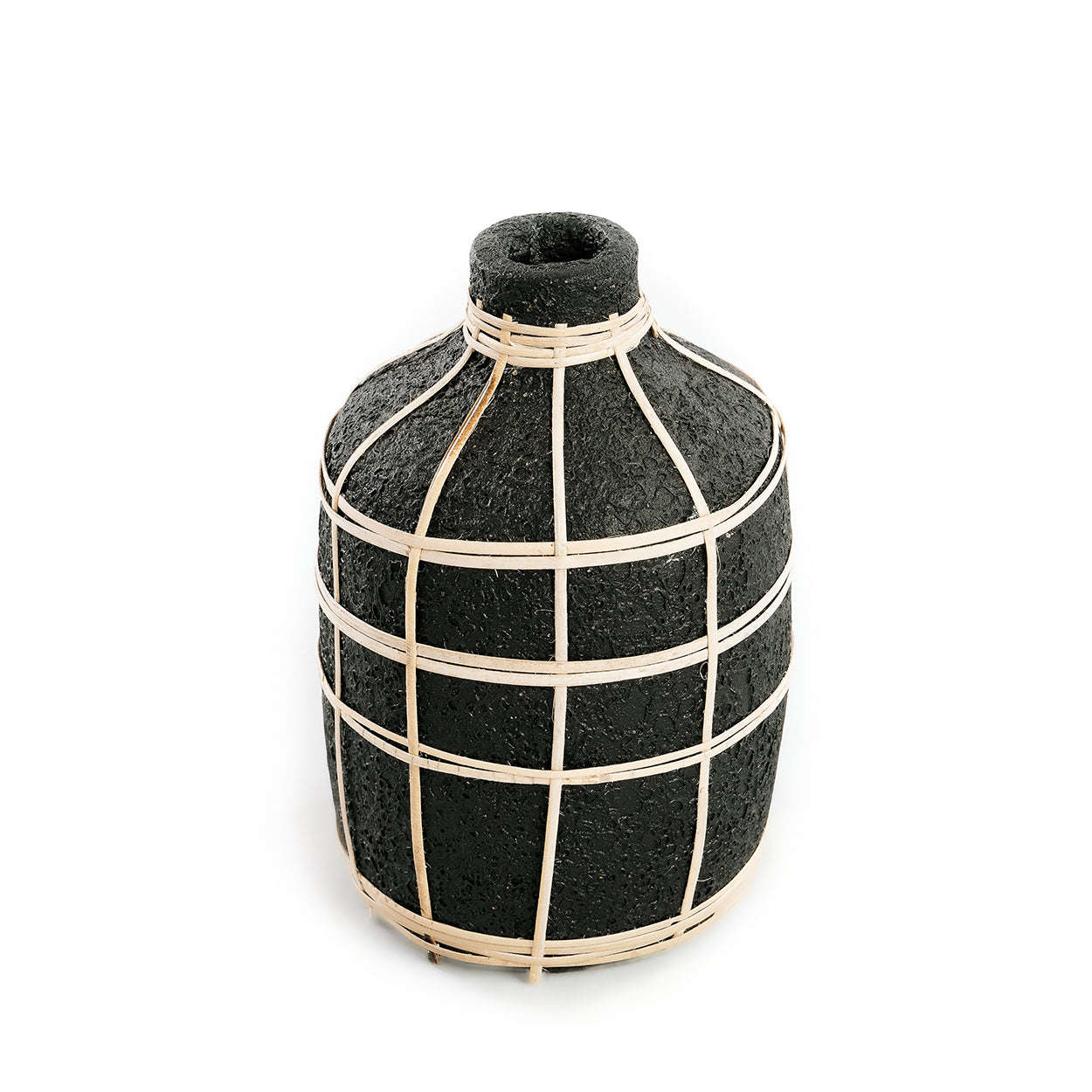 Vase Whoopy en terre cuite noire et rotin 23 cm