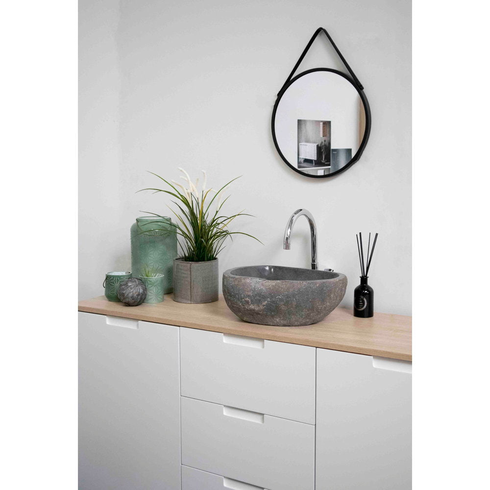 Vasque Donau pierre rivière naturelle meuble salle de bain bois clair miroir rond