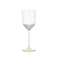 Verre à vin côtelé irisé vu de face coupe droite à base en relief lilas et pied jaune doré