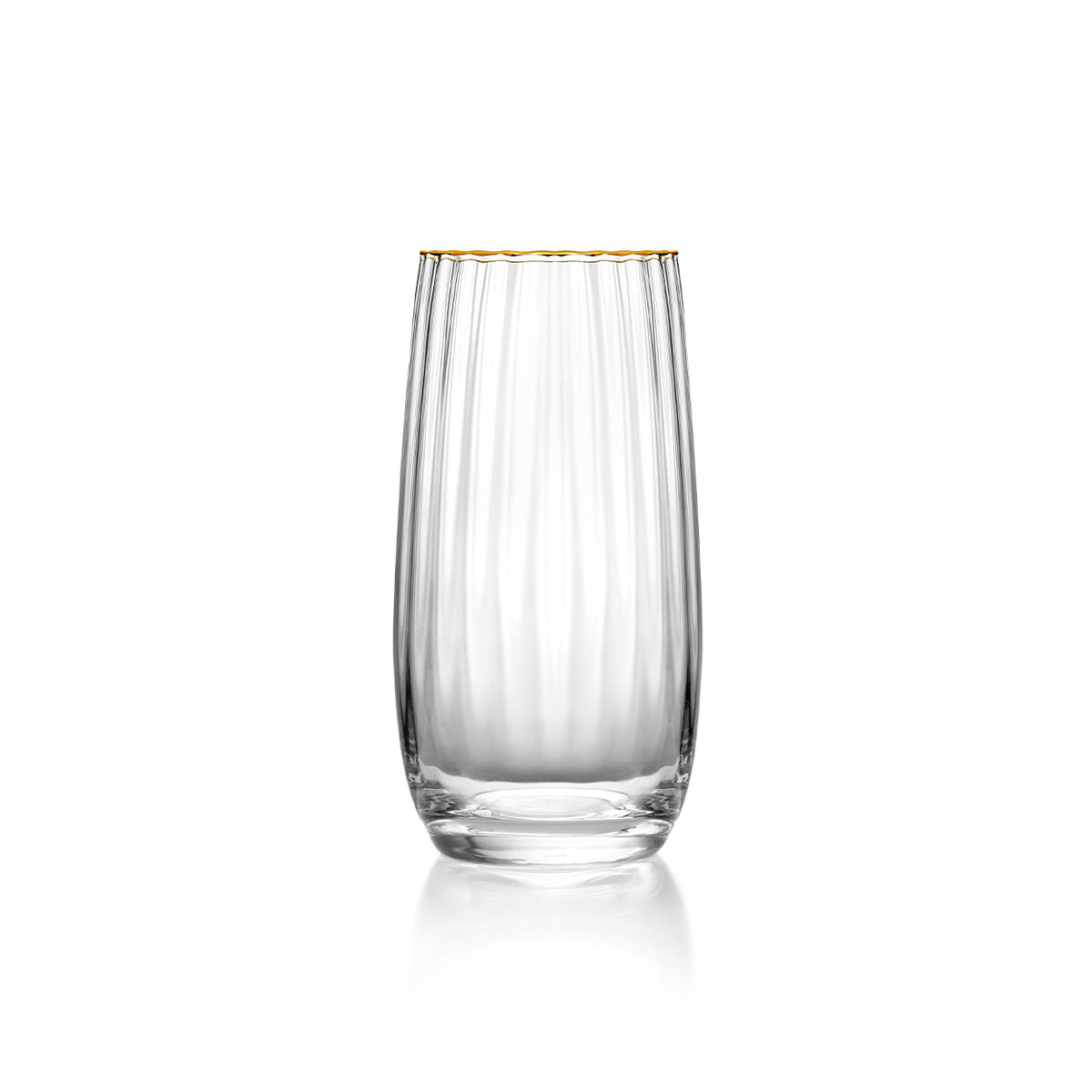 Verre highball côtelé à liseré doré vu de face avec son fond épais et son buvant ondulé