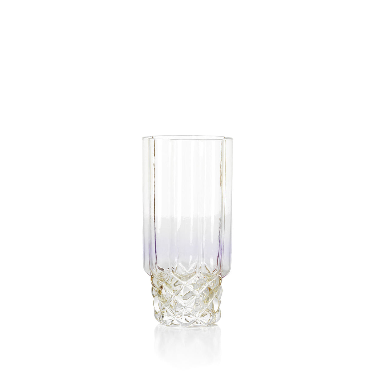 Verre highball irisé vu de face avec sa base taillée en losanges et sa paroi lisse