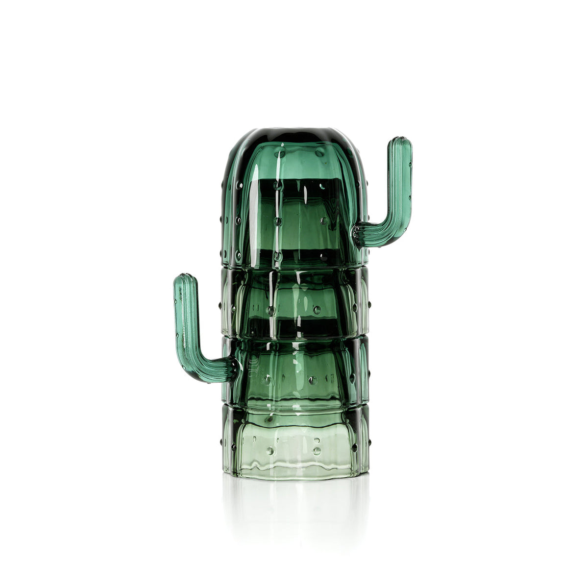 Quatre verres empilables en verre vert montés en cactus avec deux bras