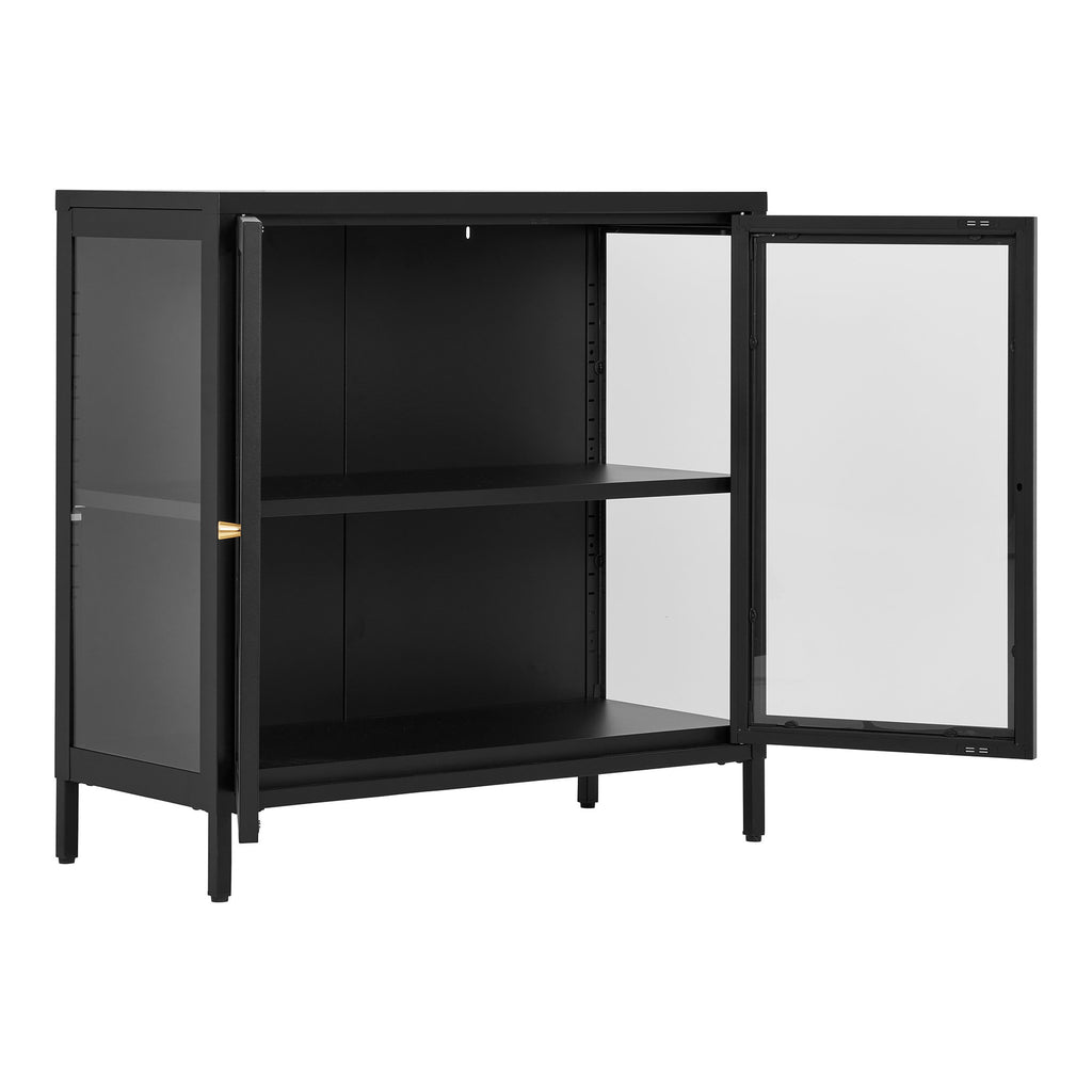 Vitrine Dalby noir vue trois quarts porte ouverte étagère ajustable détail