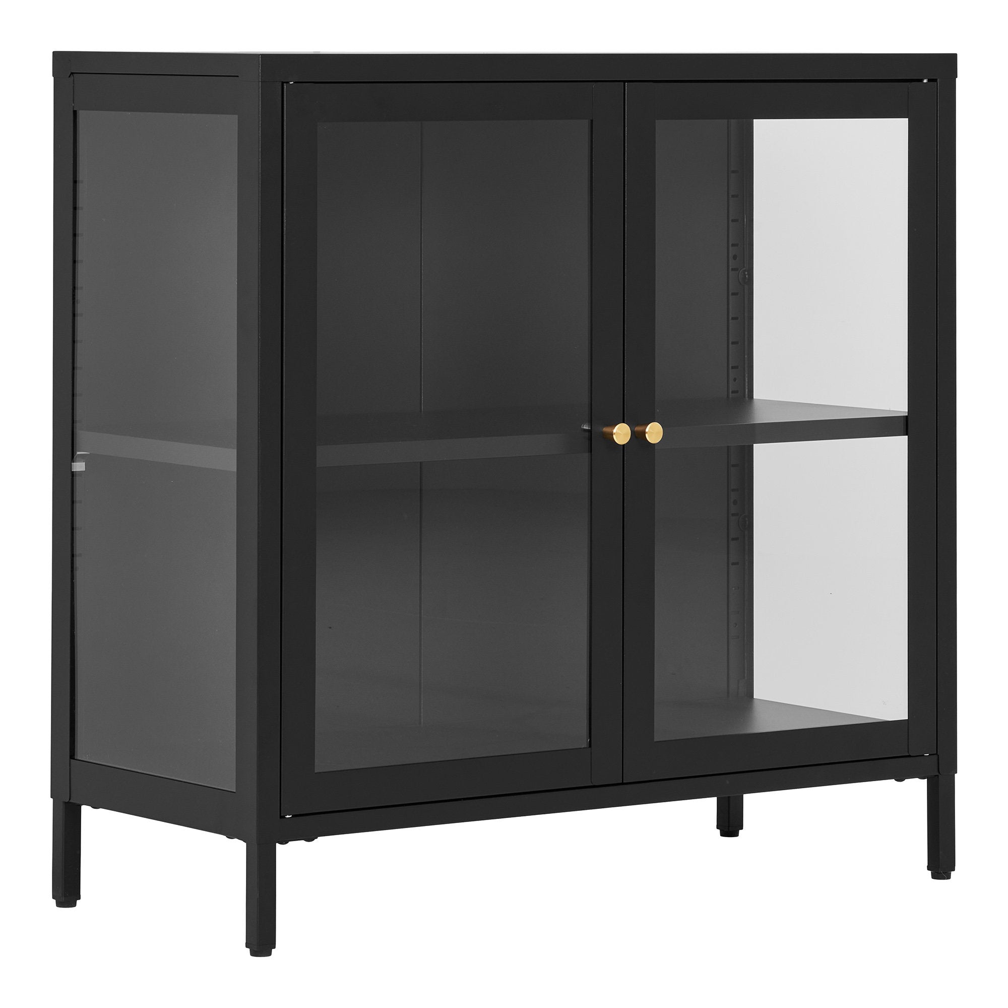 Vitrine Dalby acier noir vue trois quarts portes verre panneaux latéraux transparents