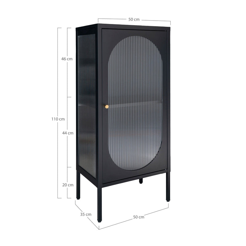 Dimensions Vitrina Adelaide aço preto vidro canelado oval