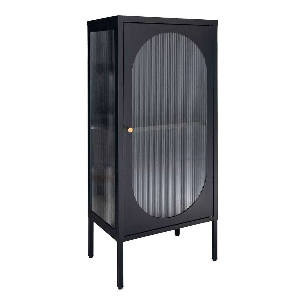 Vitrine Adelaide acier noir verre cannelé pieds métal vue trois quarts