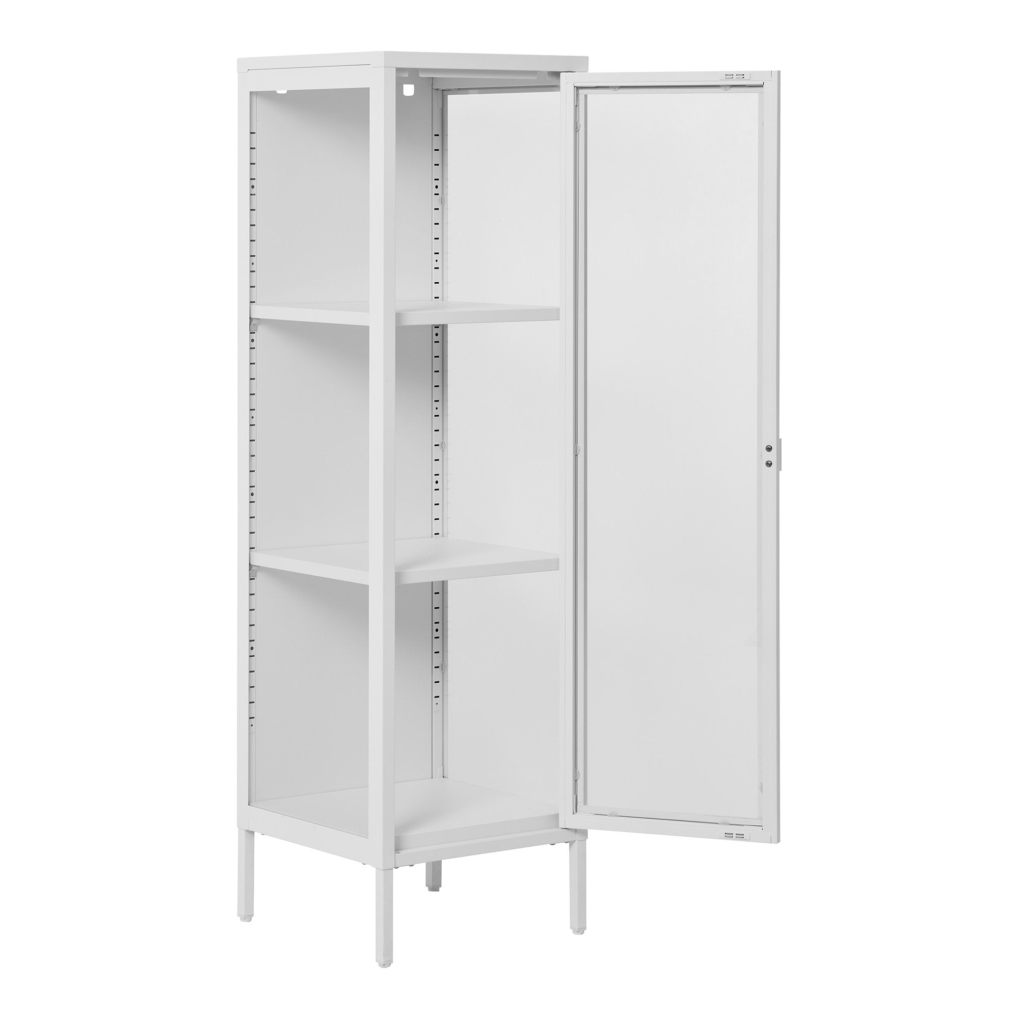 Vitrine colonne Brisbane blanc vue trois quarts porte ouverte étagères ajustables