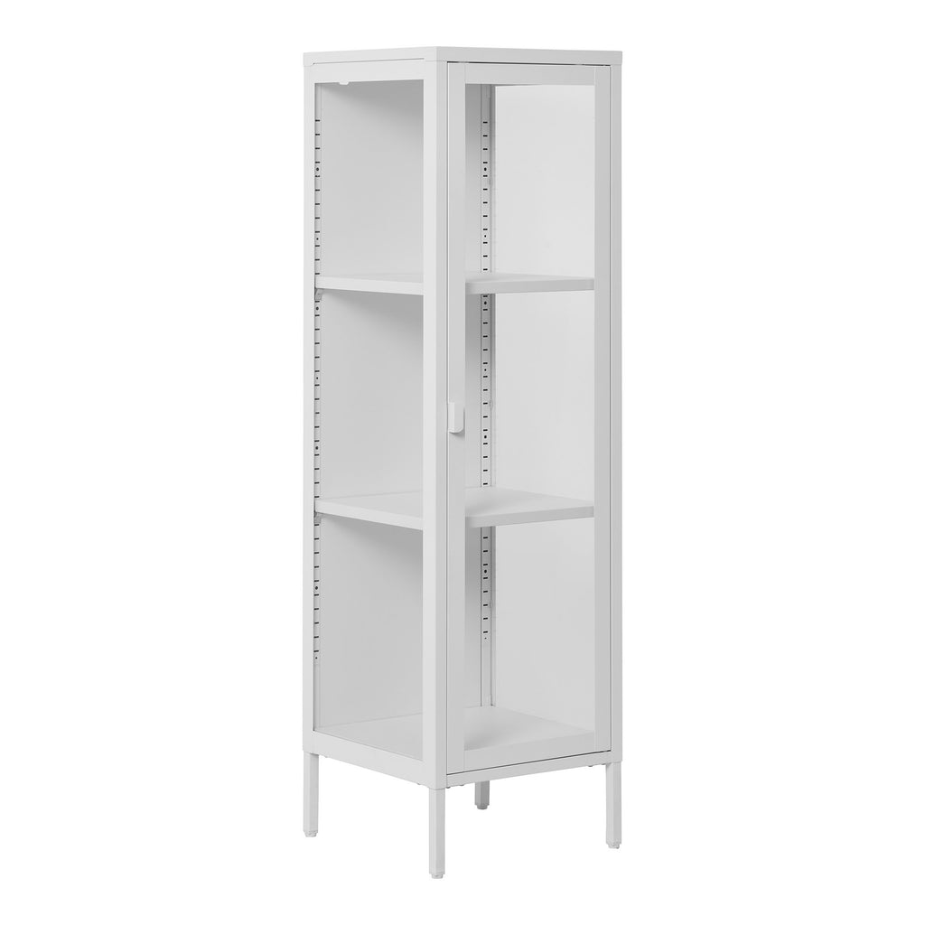 Vitrine colonne Brisbane acier blanc vue trois quarts panneaux latéraux verre