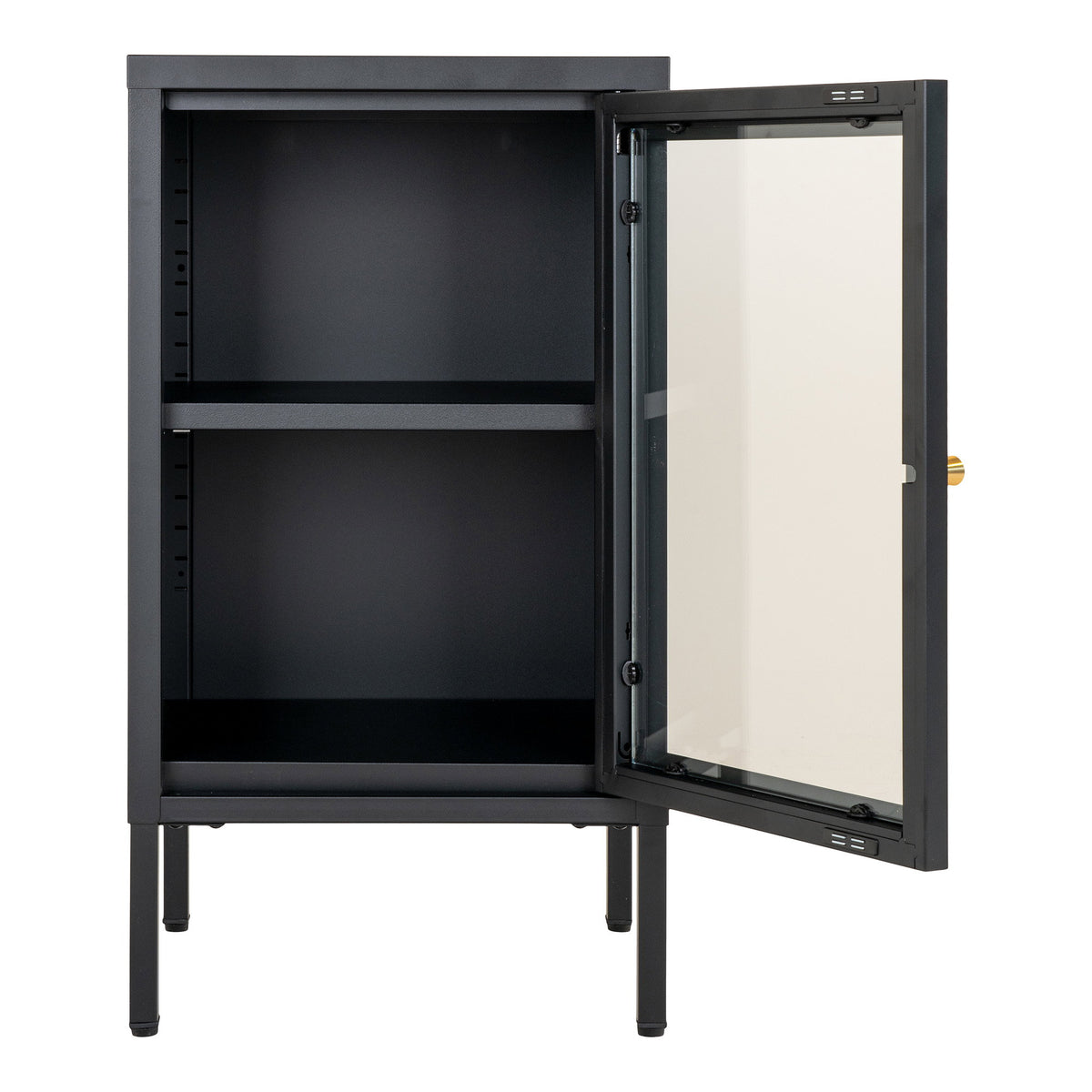 Vitrine Dalby porte ouverte avec son étagère réglable et son intérieur noir