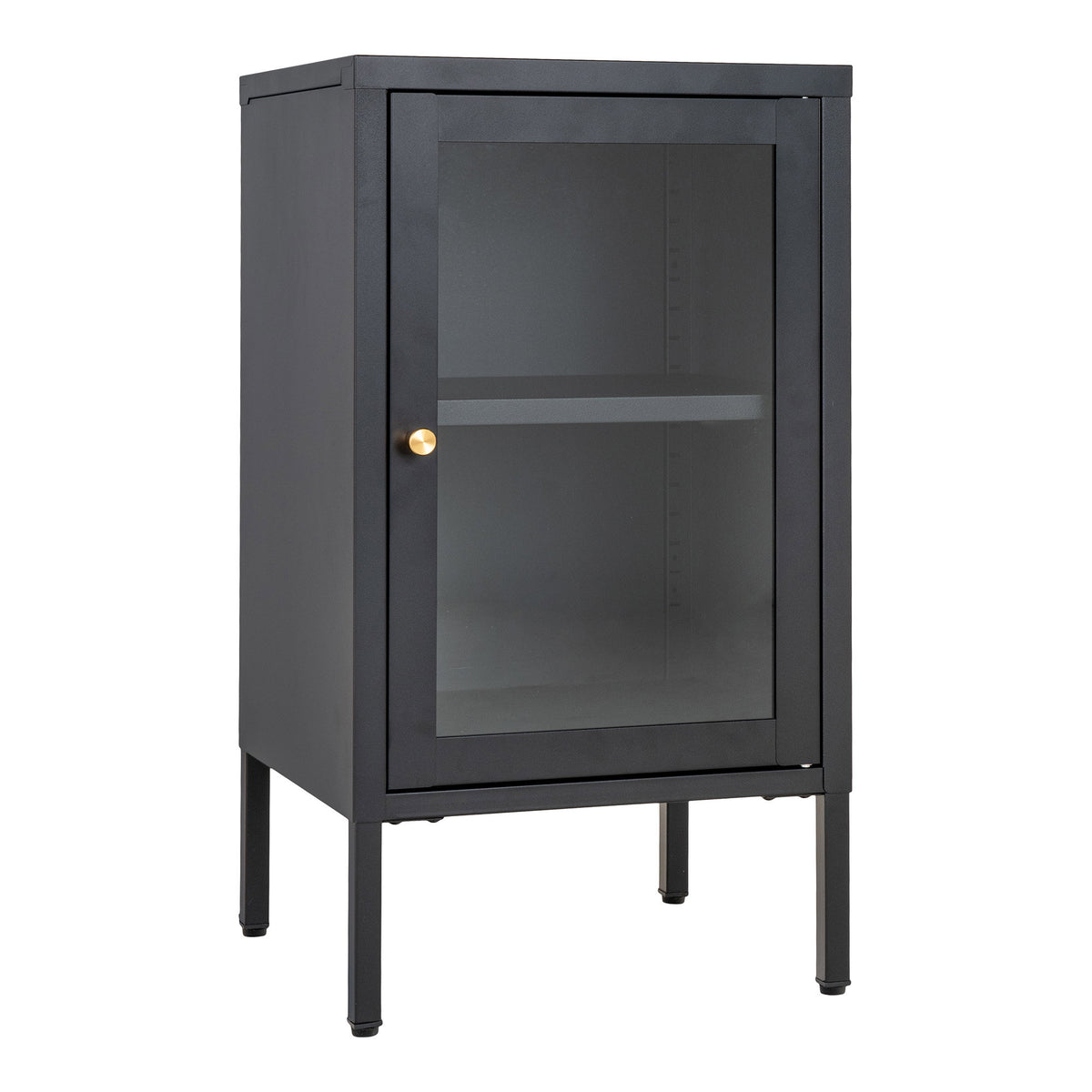 Vitrine Dalby en acier noir vue de trois quarts sur ses quatre pieds