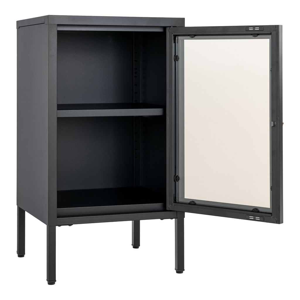 Vitrine Dalby acier noir porte ouverte vue trois quarts détail intérieur