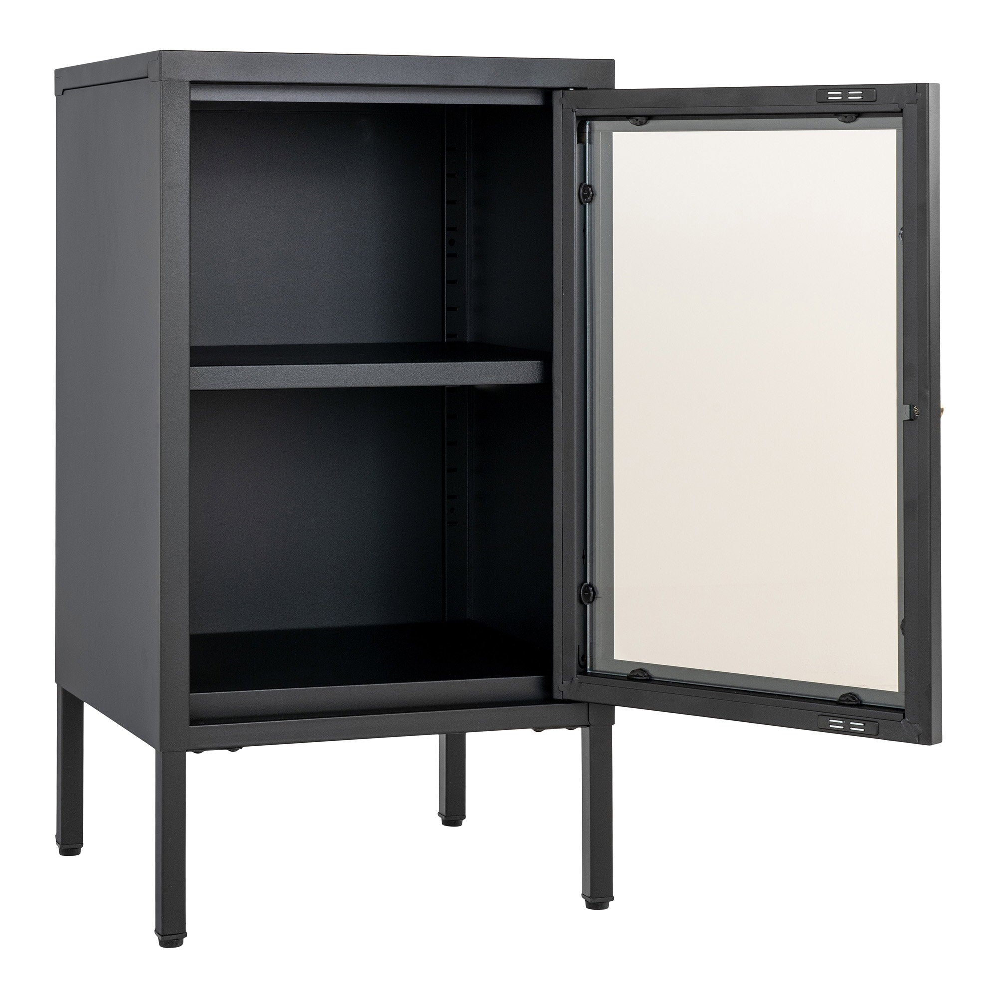Vitrine Dalby acier noir porte ouverte vue trois quarts détail intérieur