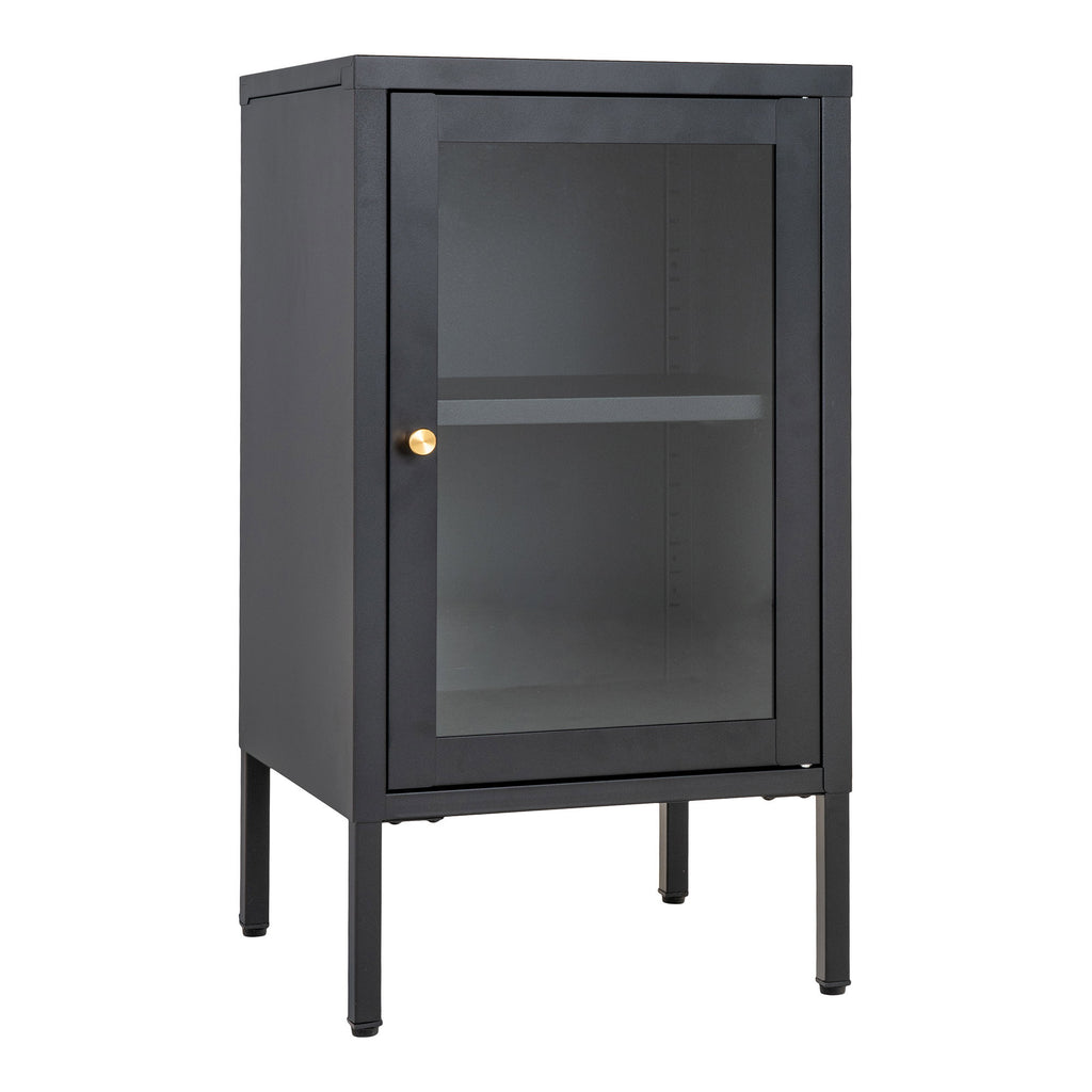 Vitrine Dalby acier noir porte vitrée laiton vue trois quarts