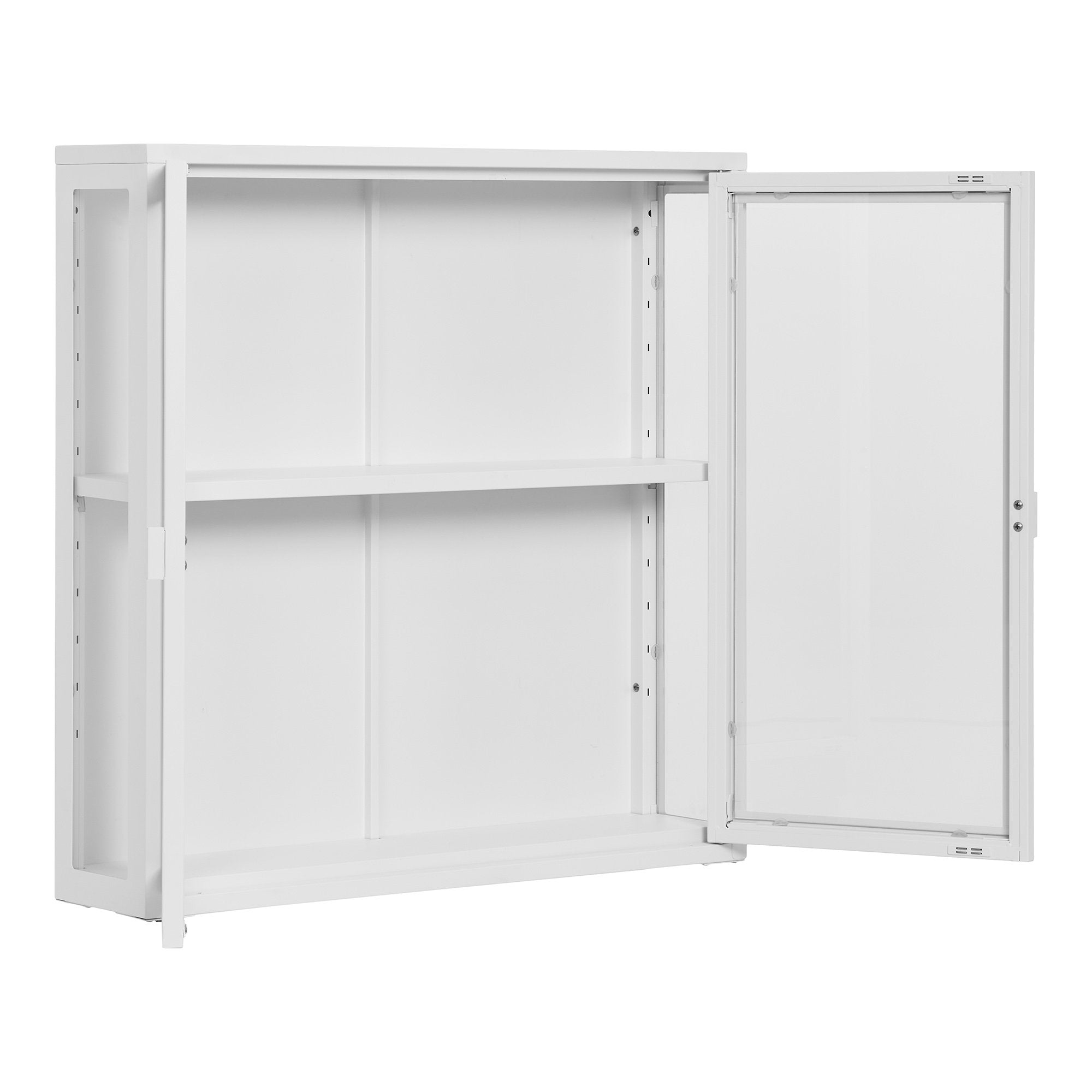 Vitrine murale Brisbane blanc vue trois quarts porte ouverte étagère ajustable