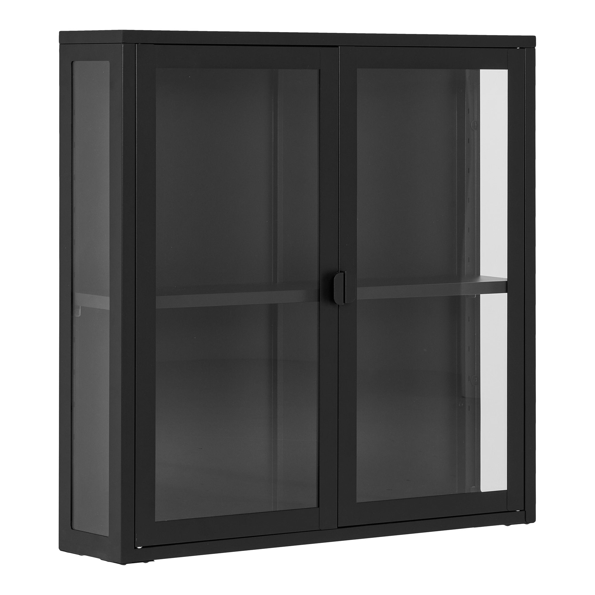 Vitrine murale Brisbane acier noir vue trois quarts panneaux latéraux verre