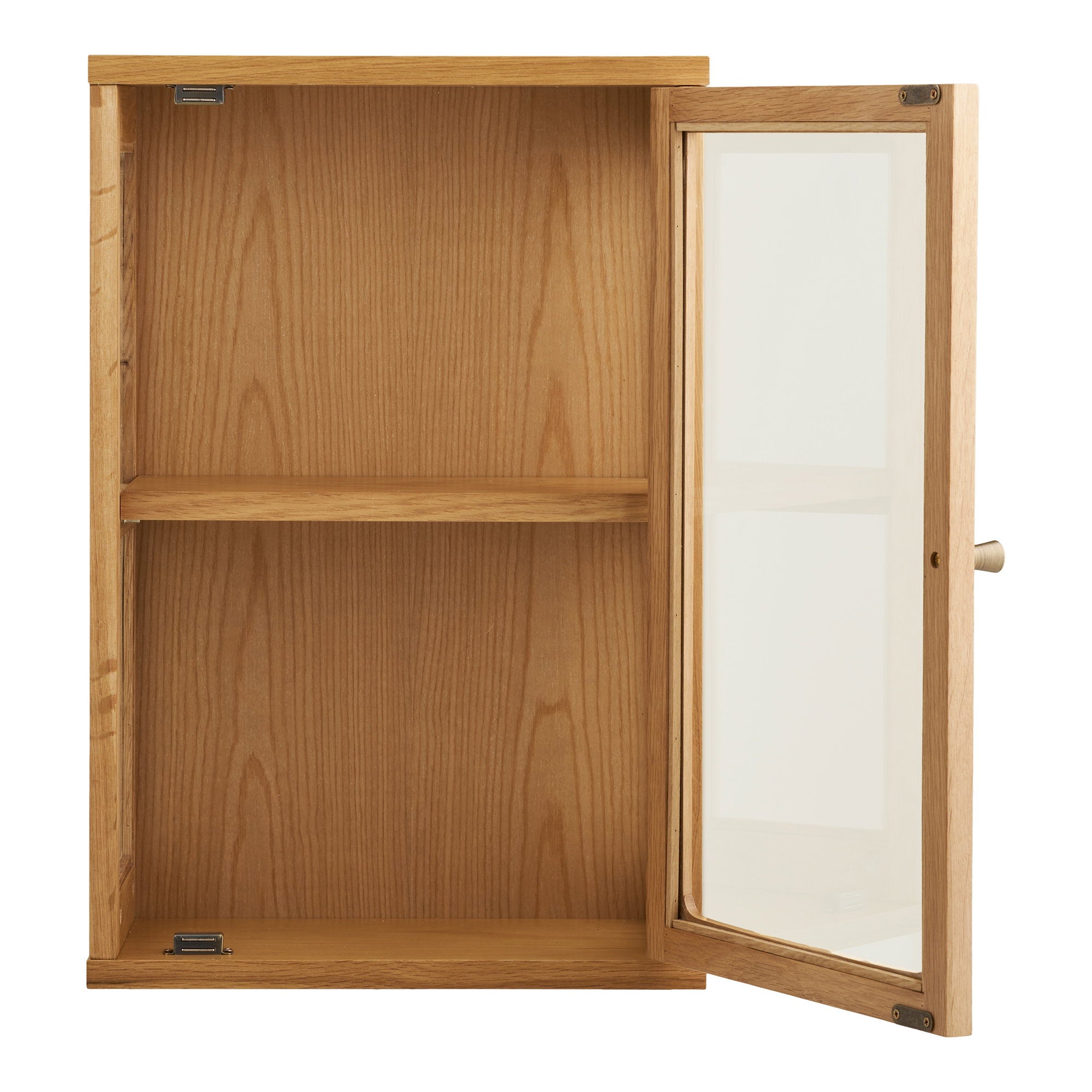 Vitrine murale Zamora chêne porte ouverte intérieur 2 tablettes vue face